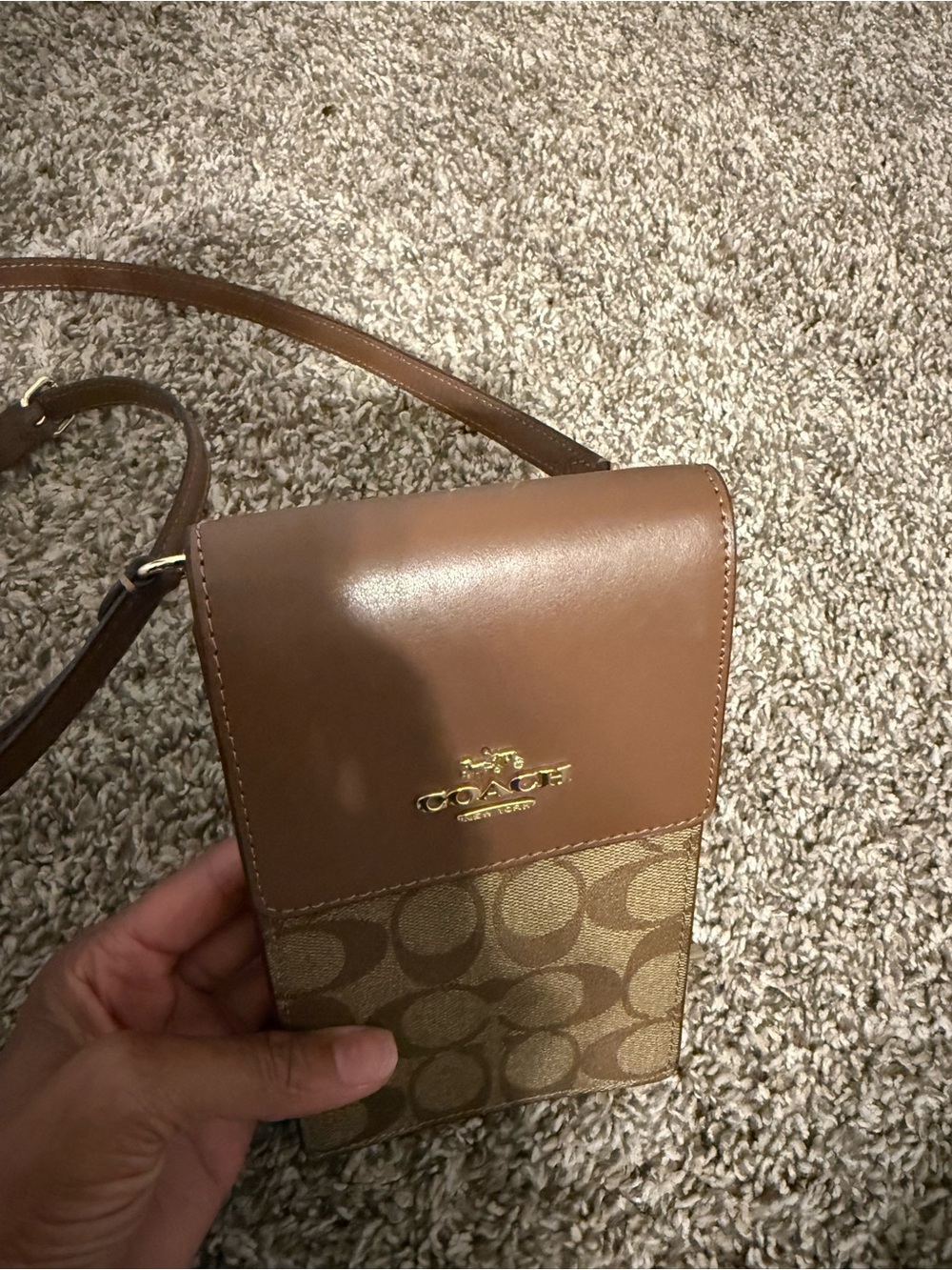 Coach Brown Signature Monogram Crossbody Phone Pouch - Picture 8 of 10